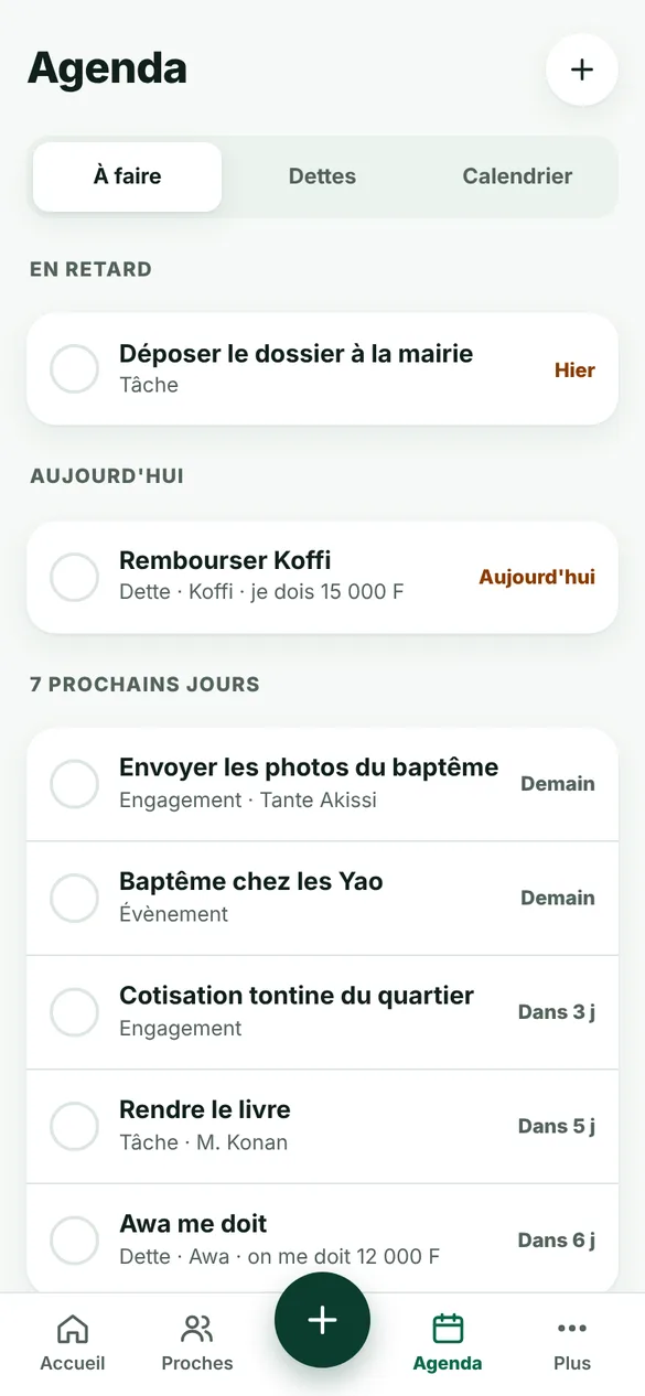 Dettes, tâches et évènements dans un seul agenda