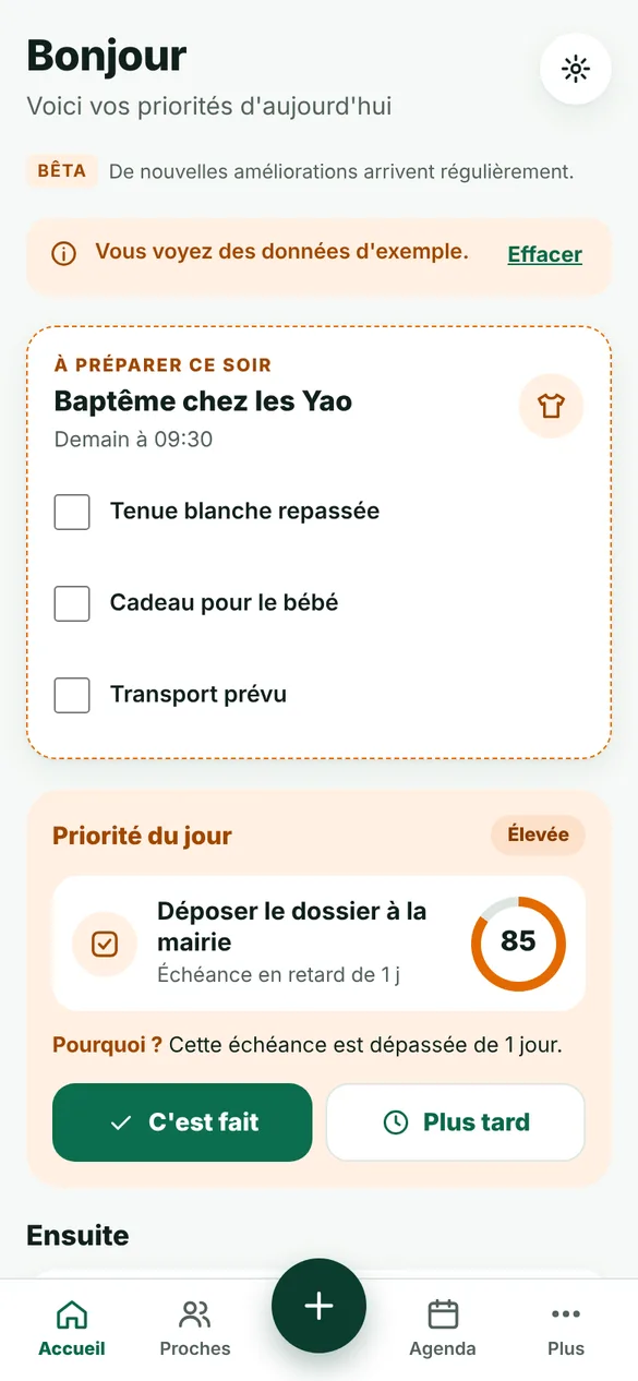 Aujourd'hui : vos priorités, avec la raison de chacune