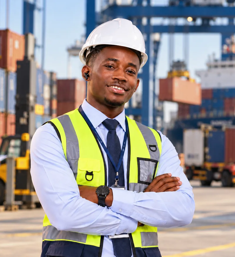 N'Dri Edmond Junior Dadié sur un terminal à conteneurs, en gilet et casque de sécurité