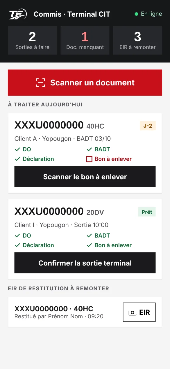 The clerk app: documents and terminal exits